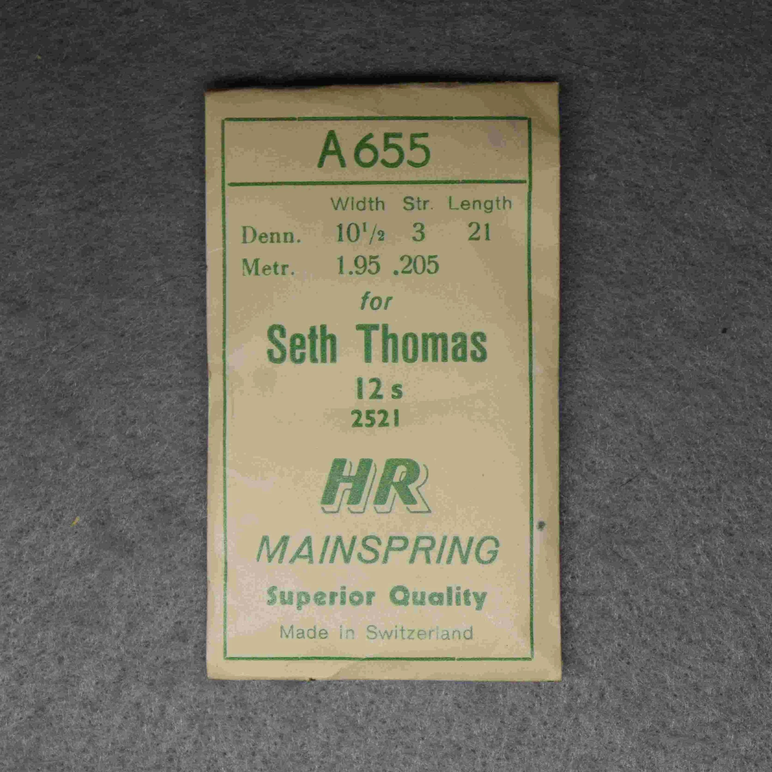HR Alloy Mainspring Package No. A 655 – for Seth Thomas 12-size Factory No. 2521, 21 inches long, 1.95 millimeters wide, 0.205 thick, or, 10½ wide, 3 thick Dennison gauge - Made in Switzerland