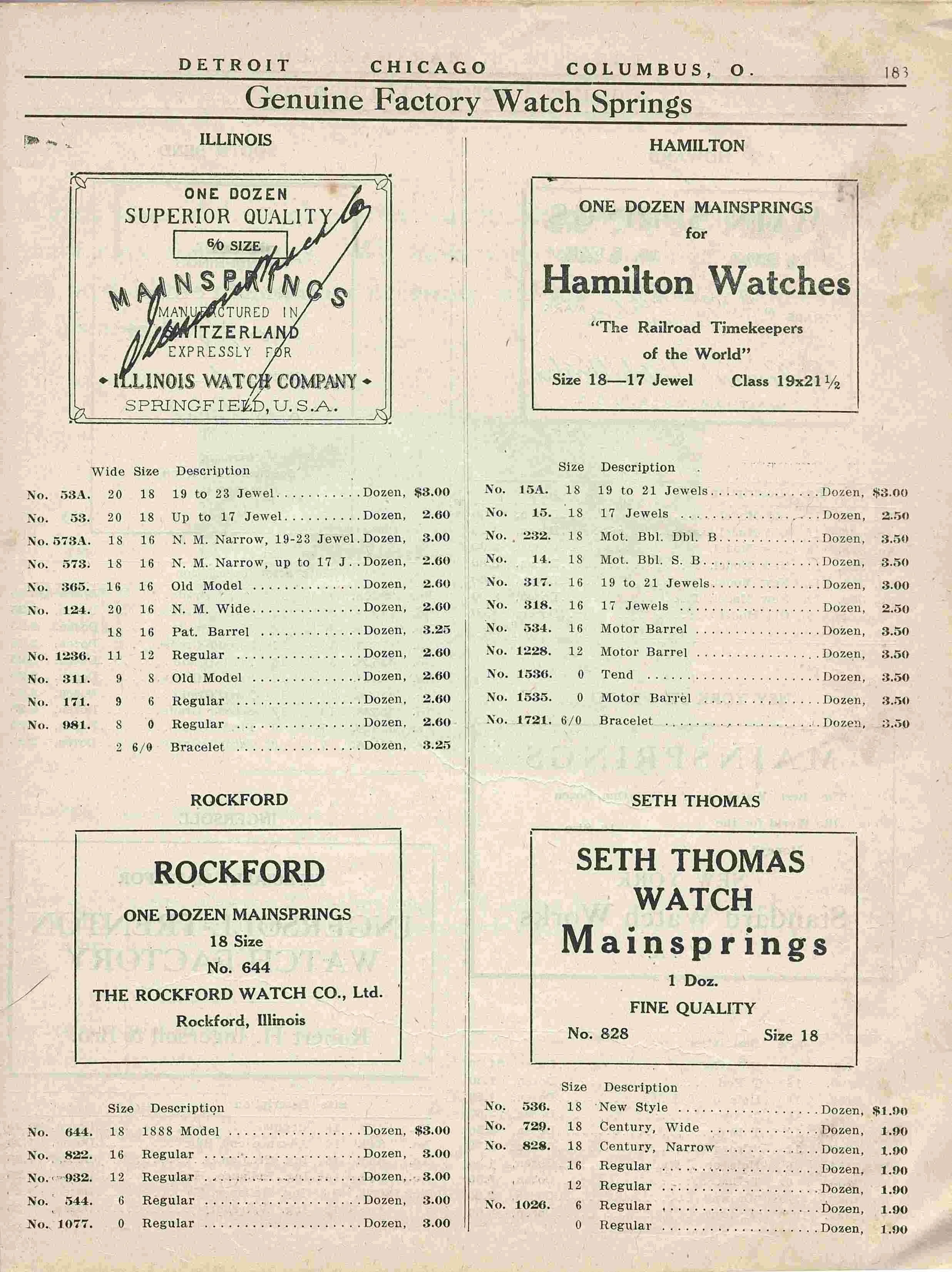 Image of catalog page containing Seth Thomas related mainspring specifications listings