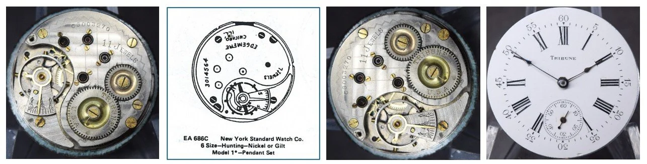 Compilation of top plate of subject movement oriented for ease of reading markings / Ehrhardt American (EA) numbered drawing / top plate oriented for ease of comparison to accompanying EA diagram / the movement’s dial