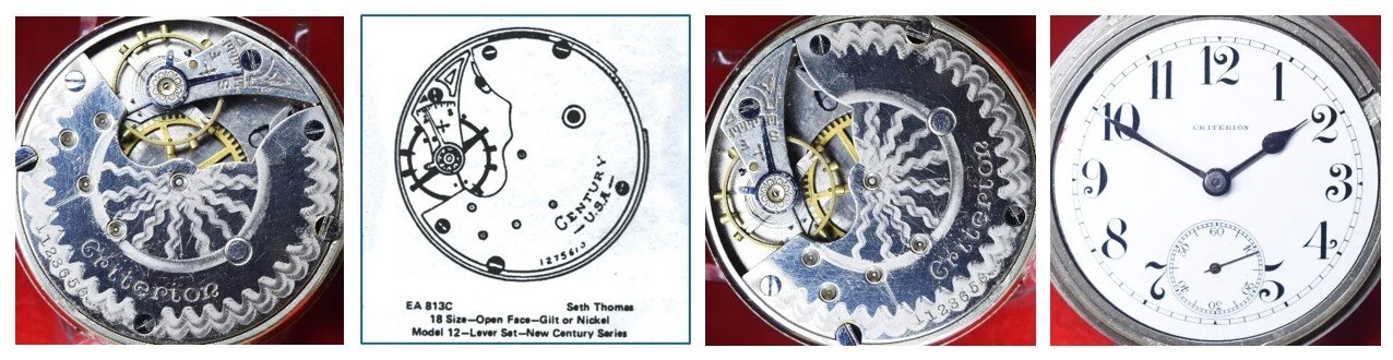 Compilation of: top plate of Criterion movement oriented for ease of reading markings / Ehrhardt American (EA) numbered drawing 813C / top plate oriented for ease of comparison to accompanying EA diagram / the movement’s dial