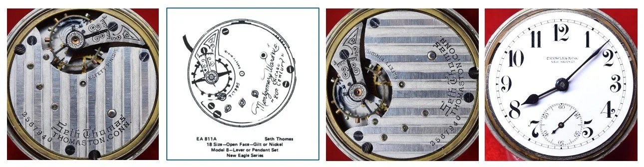 Compilation of: top plate of C. Cowles & Co. movement oriented for ease of reading markings / Ehrhardt American (EA) numbered drawing 811 / top plate oriented for ease of comparison to accompanying EA diagram / the movement’s dial