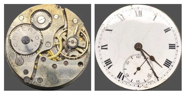 Compilation of top plate of subject movement oriented for ease of reading markings and the movement’s dial.