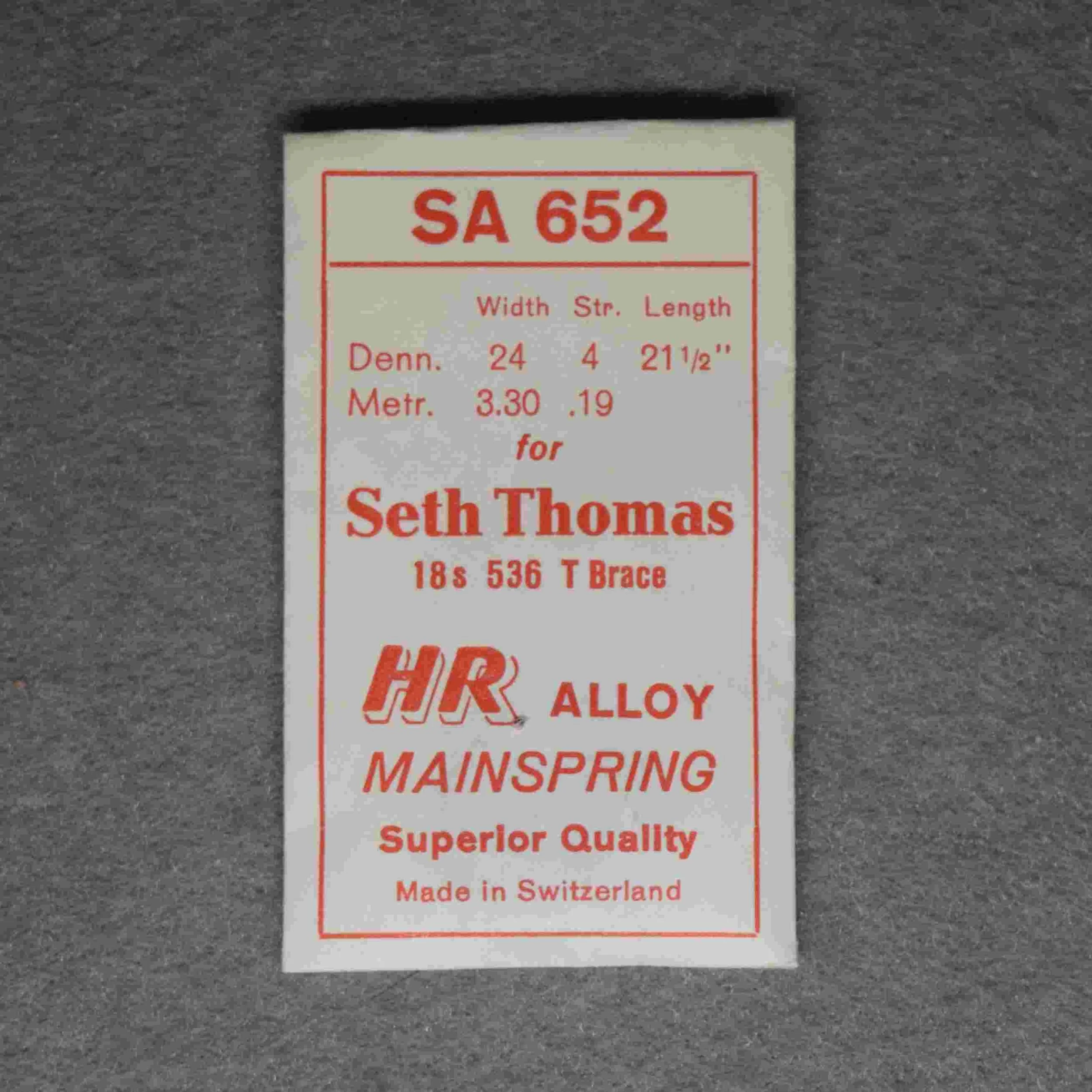 HR Alloy Mainspring Package No. SA 652 – for Seth Thomas 18-size Factory No. 536 T Brace, 21½ inches long, 3.30 millimeters wide, 0.19 thick, or, 24 wide, 2 thick Dennison gauge - Made in Switzerland