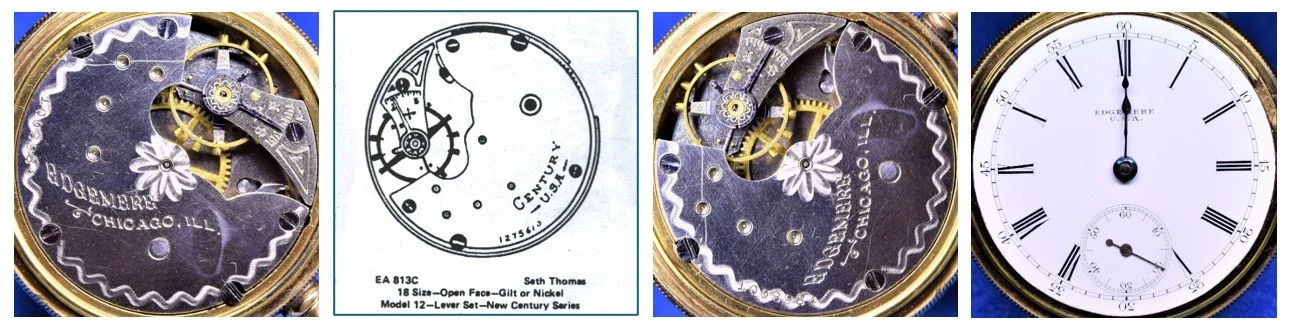 Compilation of: top plate of Edgemere movement oriented for ease of reading markings / Ehrhardt American (EA) numbered drawing 813C / top plate oriented for ease of comparison to accompanying EA diagram / the movement’s dial