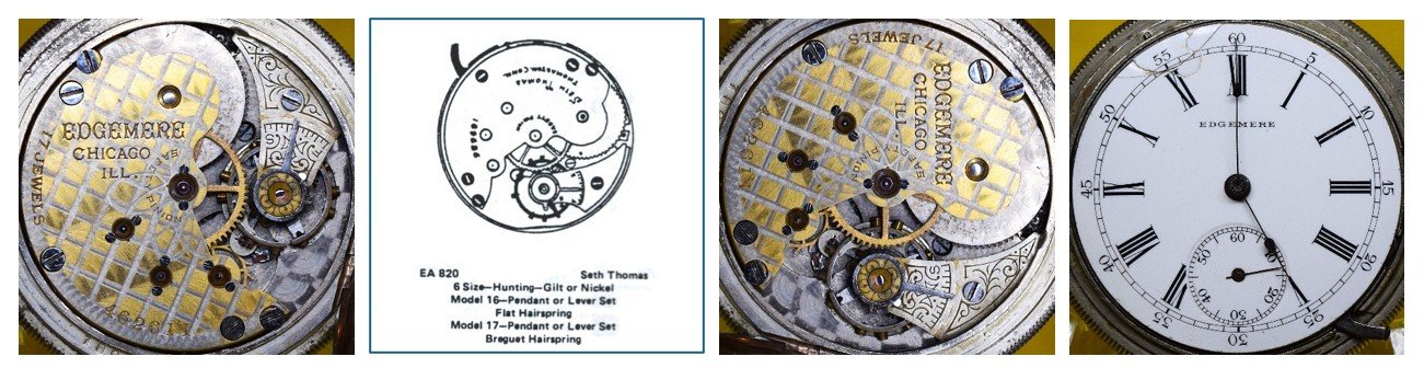 Compilation of: top plate of Edgemere movement oriented for ease of reading markings / Ehrhardt American (EA) numbered drawing 820 / top plate oriented for ease of comparison to accompanying EA diagram / the movement’s dial