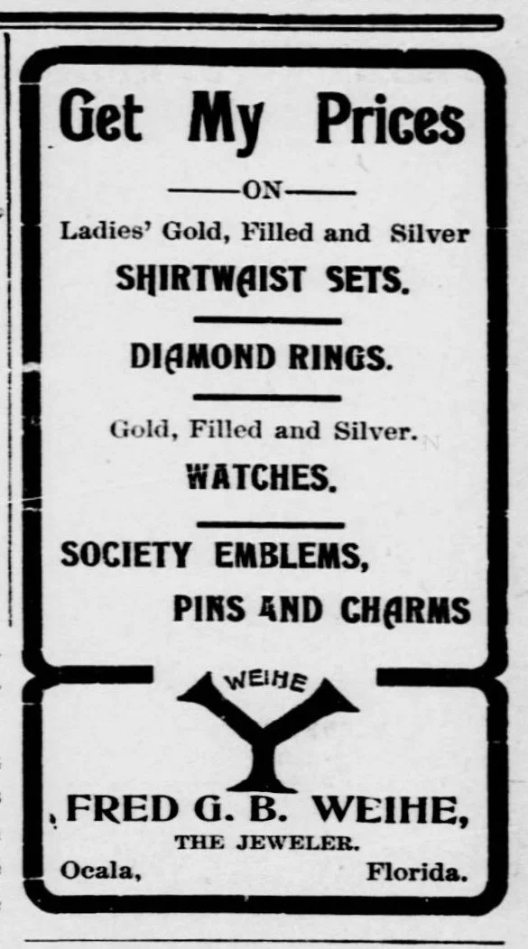 The advertisement on the top-right appeared in the Ocala Banner on Friday, April 28, 1905, on page 1.