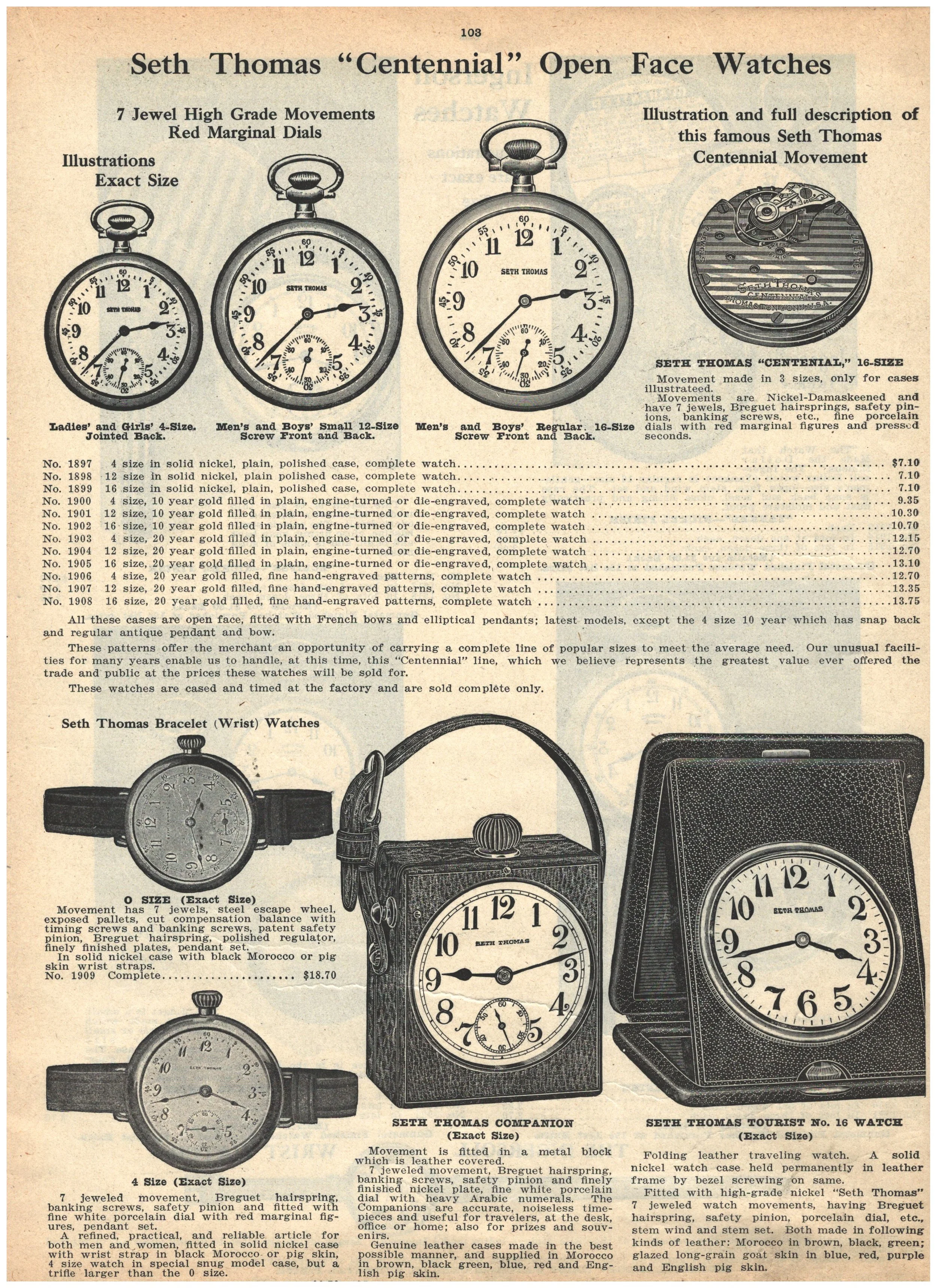 An advertisement showing twelve Seth Thomas clocks from an unidentified catalog including the Seth Thomas Companion, and Seth Thomas Tourist both associate with travel or transportation applications.