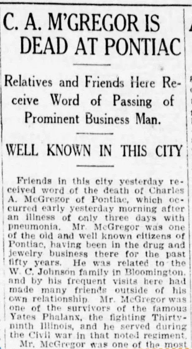 The obituary of Charles McGregor appeared in The Pantagraph on Thursday December 16, 1920, on page 5.