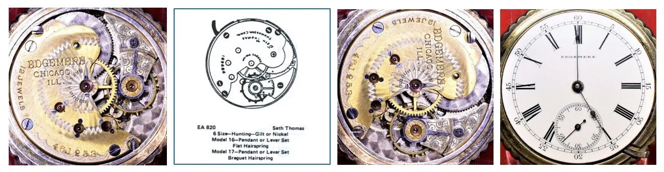 Compilation of: top plate of Edgemere movement oriented for ease of reading markings / Ehrhardt American (EA) numbered drawing 820 / top plate oriented for ease of comparison to accompanying EA diagram / the movement’s dial