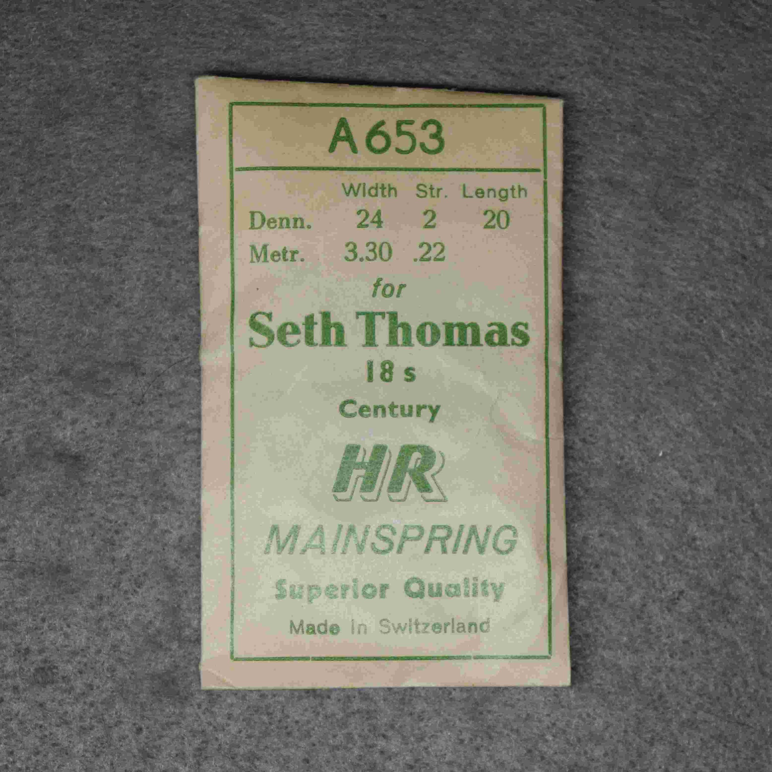 HR Alloy Mainspring Package No. A 653 – for Seth Thomas 18-size Factory No. 2106, 20 inches long, 3.30 millimeters wide, 0.22 thick, or, 24 wide, 2 thick Dennison gauge - Made in Switzerland