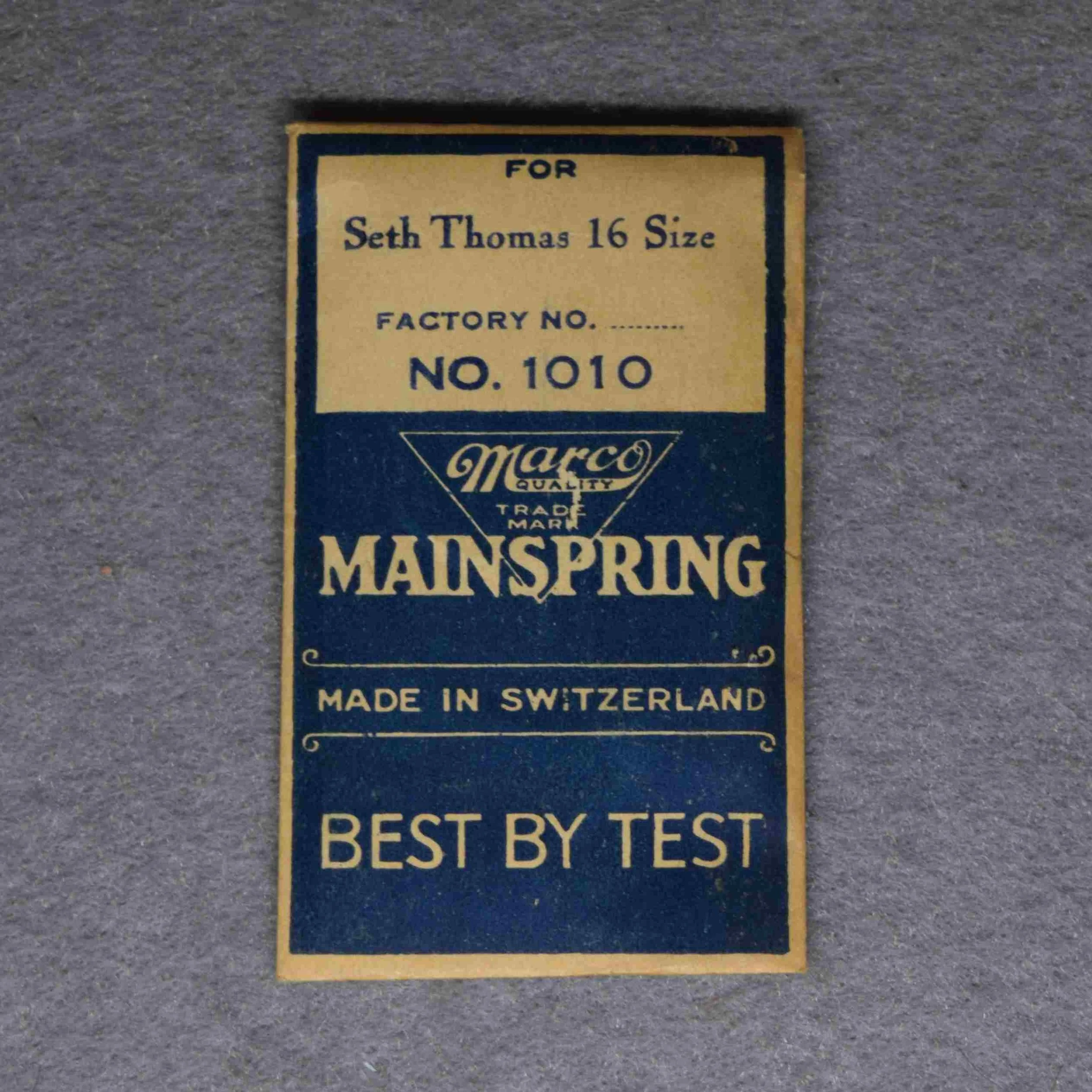 Marco Mainspring Package No. 1010 – for Seth Thomas 16-size New Style Factory No. ___ - Made in Switzerland