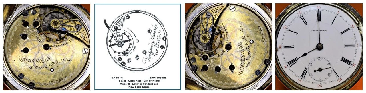 Compilation of: top plate of Edgemere movement oriented for ease of reading markings / Ehrhardt American (EA) numbered drawing 811A / top plate oriented for ease of comparison to accompanying EA diagram / the movement’s dial