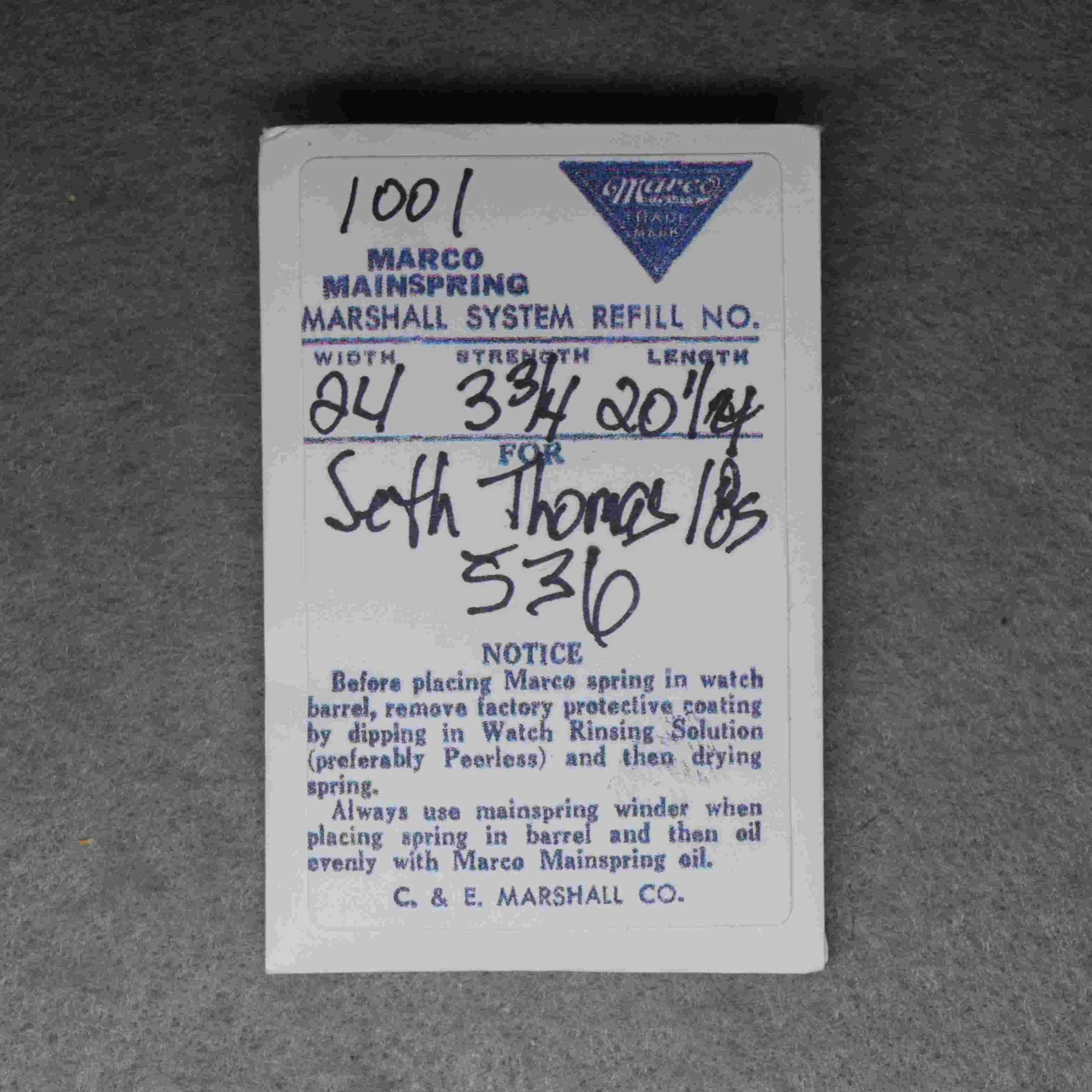 Marco Mainspring Alt Package No. 1001 - Width 24, Strength 3¾, Length 20¼ – for Seth Thomas 18-size New Style Factory No. 536