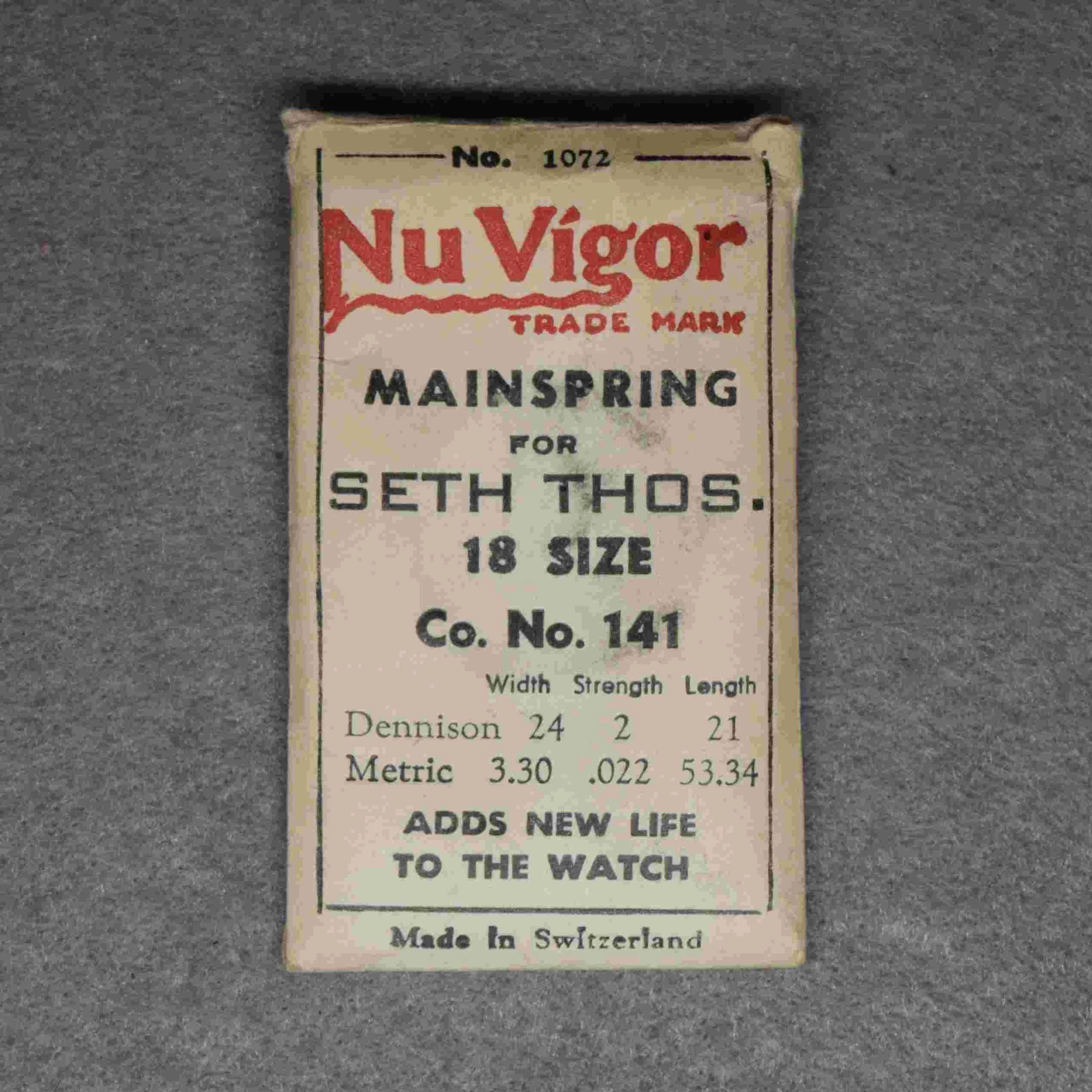 Nu Vigor Mainspring No. 1072 – for Seth Thomas 18-size Factory No. 141