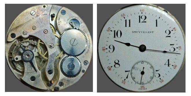 Compilation of top plate of subject movement oriented for ease of reading markings and the movement’s dial.