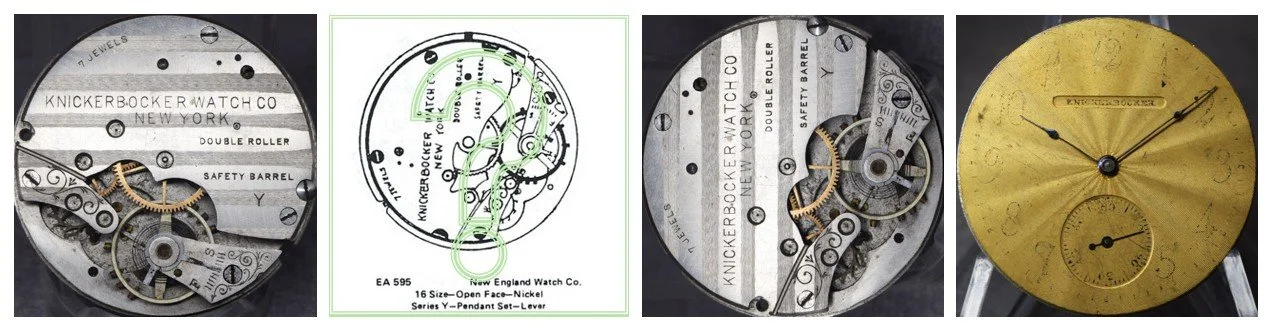 Compilation of top plate of subject movement oriented for ease of reading markings / Ehrhardt American (EA) numbered drawing / top plate oriented for ease of comparison to accompanying EA diagram / the movement’s dial