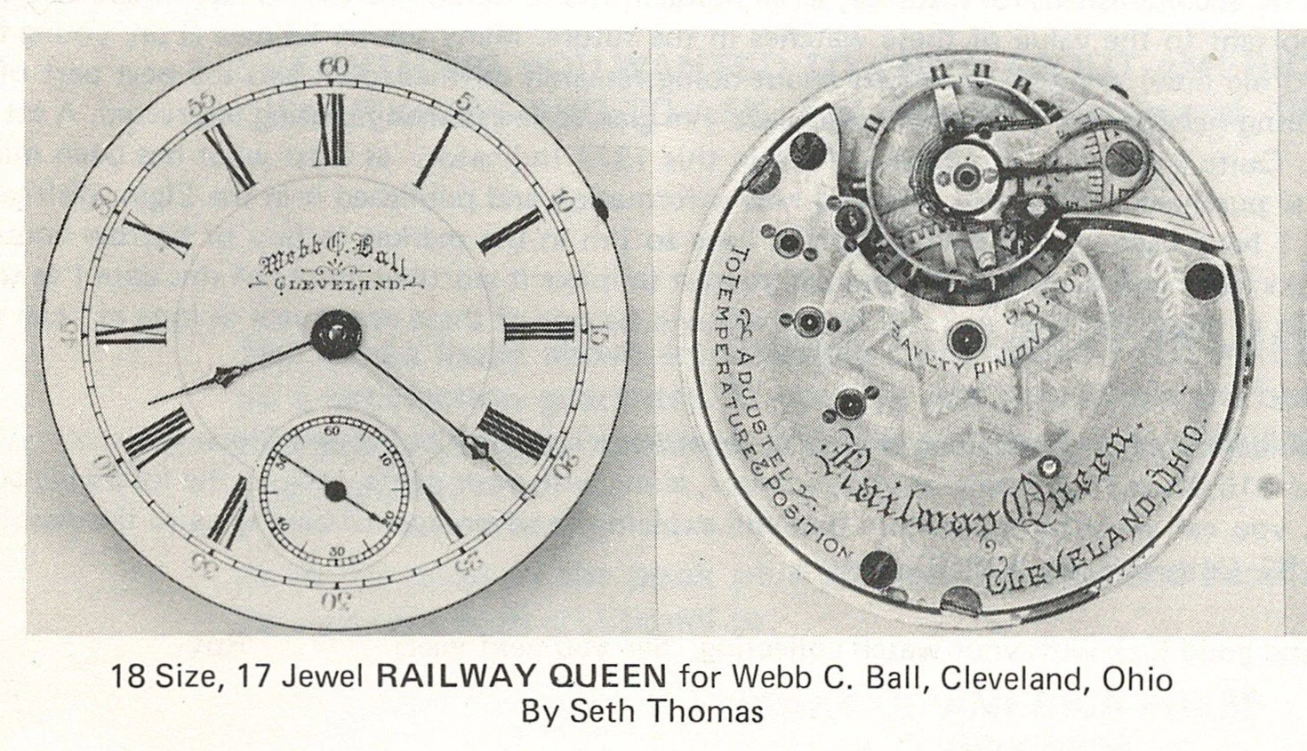 This image shows full diameter views of the dial and of the top plate of a rare Railway Queen private label manufactured by Seth Thomas for the Webb C. Ball Watch Company.