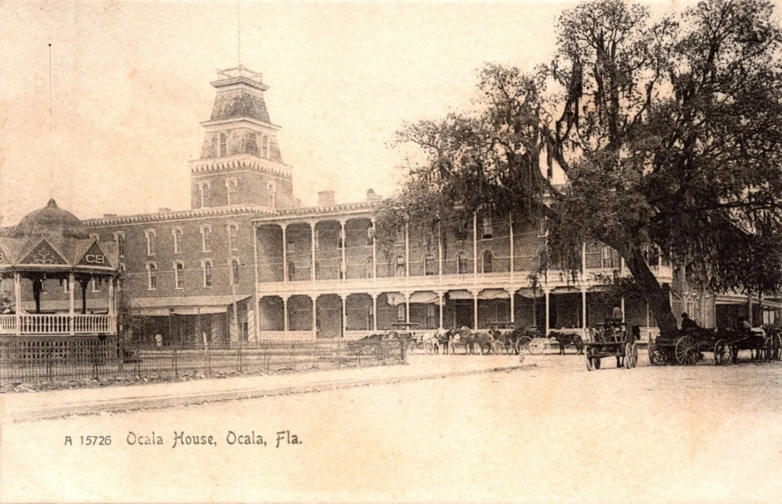 The Ocala House Hotel was located at 120 East Silver Springs Boulevard in downtown Ocala Florida. This postcard photograph was taken in 1905