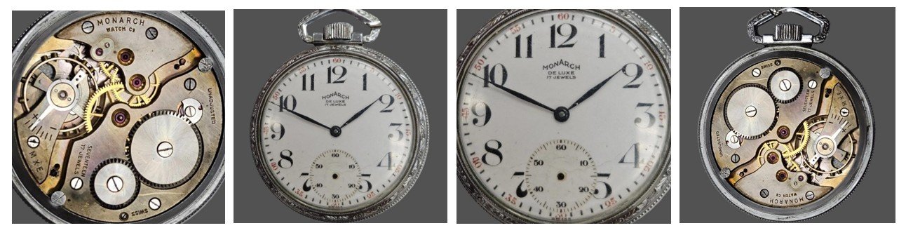 Compilation of top plate of subject movement oriented for ease of reading markings and the movement’s dial.