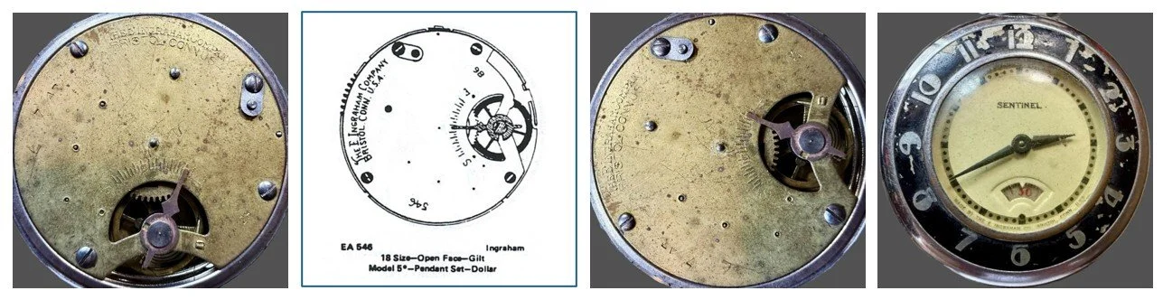 Compilation of: top plate of Sentinel movement oriented for ease of reading markings / Ehrhardt American (EA) numbered drawing 546 / top plate oriented for ease of comparison to accompanying EA diagram / the movement’s dial