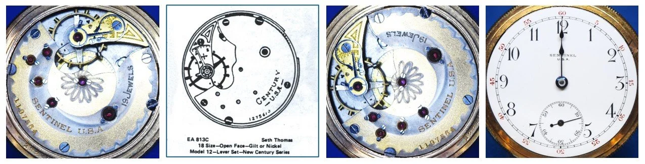 Compilation of: top plate of Sentinel movement oriented for ease of reading markings / Ehrhardt American (EA) numbered drawing 813C / top plate oriented for ease of comparison to accompanying EA diagram / the movement’s dial