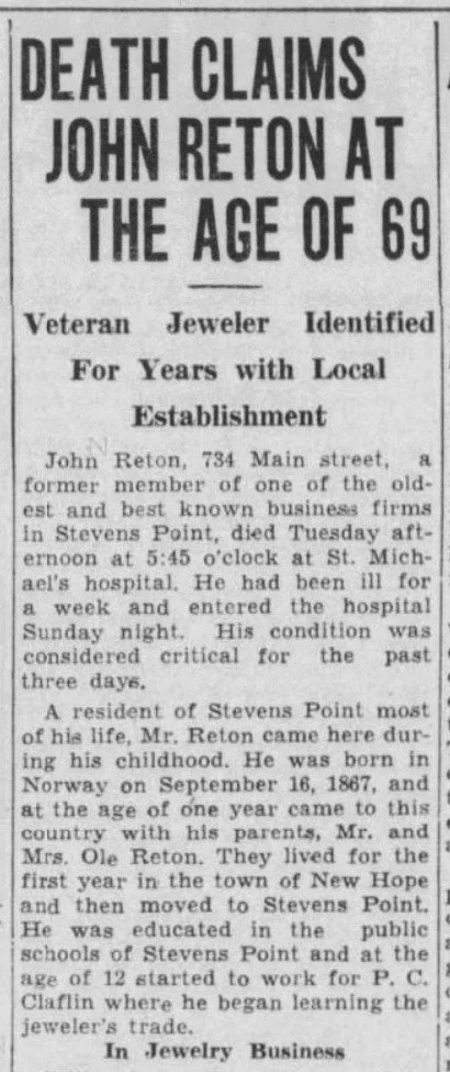 The obituary of John Reton appeared in Stevens Point Journal on Wednesday December 23, 1936, on page 1.