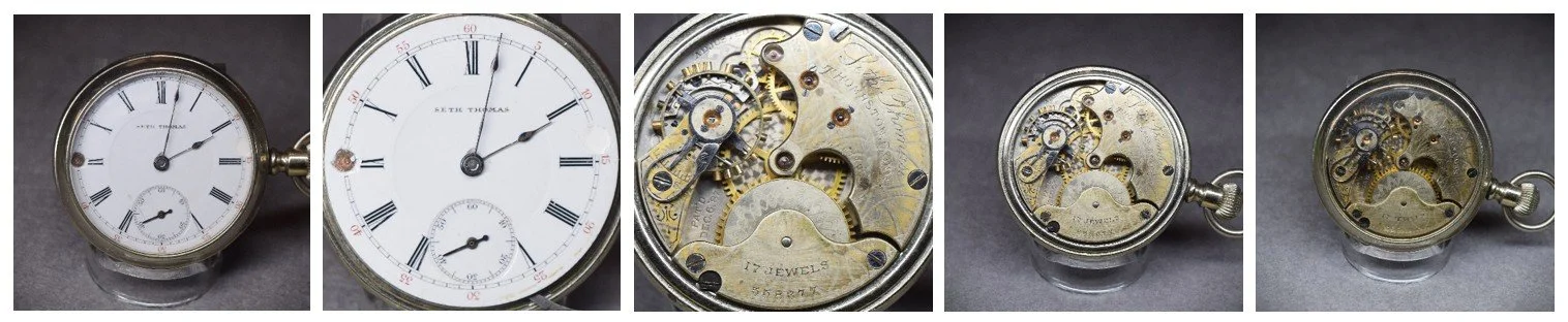 Compilation photo strip showing the cased movement front view, a full diameter view of the dial, a full diameter view of the top plate, full case view of movement's top plate, the cased movement from the back.