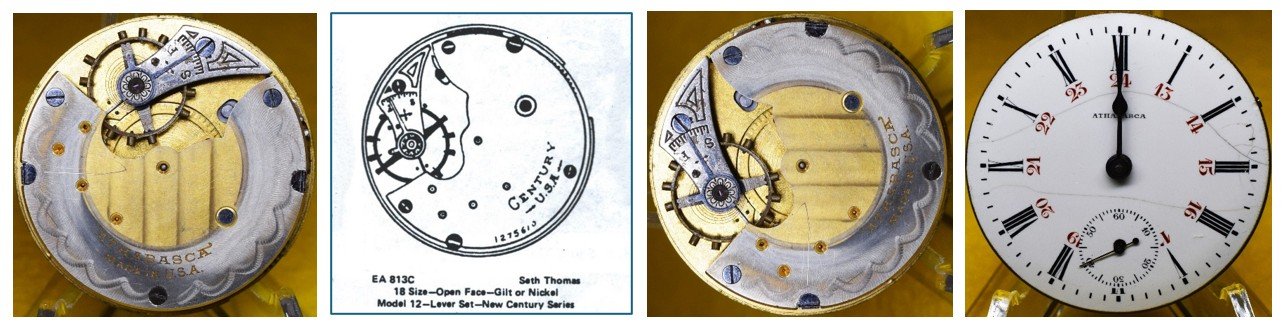 Compilation of: top plate of Athabasca movement oriented for ease of reading markings / Ehrhardt American (EA) numbered drawing 813C / top plate oriented for ease of comparison to accompanying EA diagram / the movement’s dial