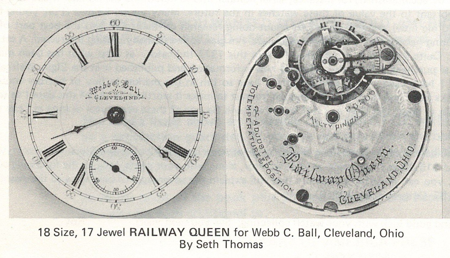 This image shows full diameter views of the dial and of the top plate of a rare Railway Queen private label manufactured by Seth Thomas for the Webb C. Ball Watch Company.