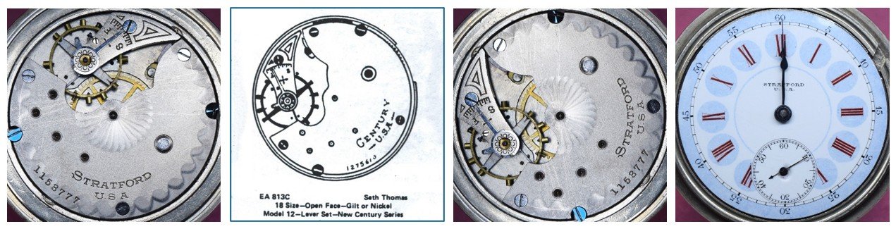 Compilation of: top plate of Stratford movement oriented for ease of reading markings / Ehrhardt American (EA) numbered drawing 813C / top plate oriented for ease of comparison to accompanying EA diagram / the movement’s dial