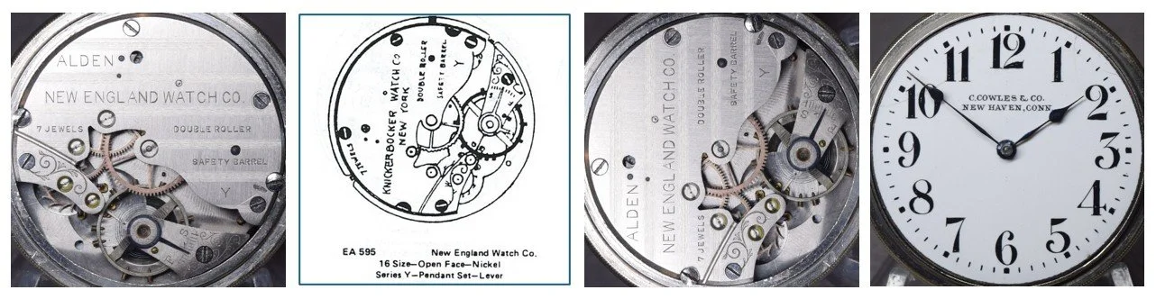 Compilation of: top plate of C. Cowles & Co. movement oriented for ease of reading markings / Ehrhardt American (EA) numbered drawing 595 / top plate oriented for ease of comparison to accompanying EA diagram / the movement’s dial