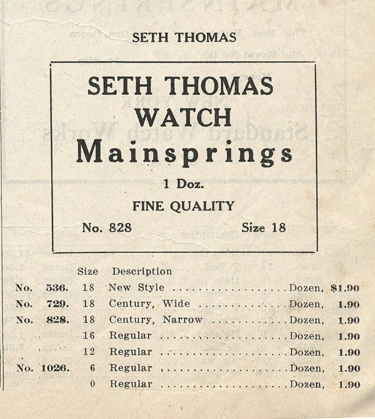 Closeup Image of catalog page containing Seth Thomas related mainspring specifications listings
