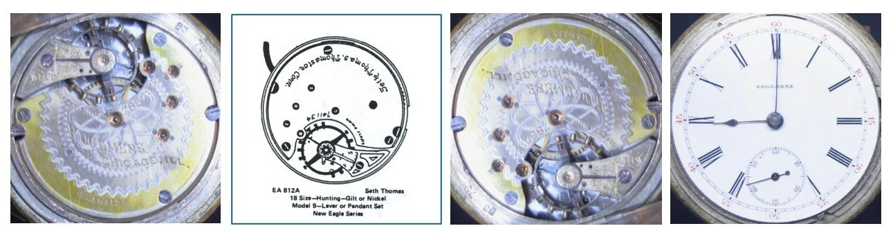 Compilation of: top plate of Edgemere movement oriented for ease of reading markings / Ehrhardt American (EA) numbered drawing 812A / top plate oriented for ease of comparison to accompanying EA diagram / the movement’s dial