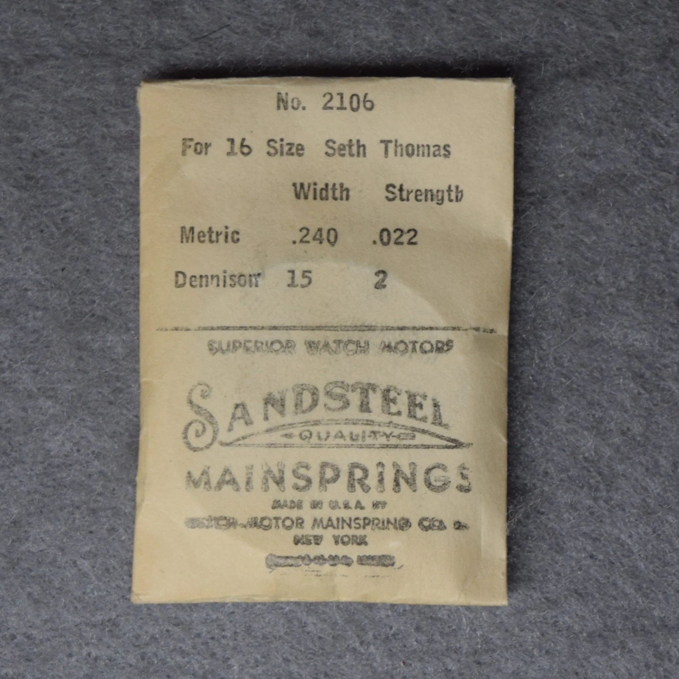 Sandsteel Mainspring Package No. 2106 – Seth Thomas 16-size, 2.40 millimeters wide, .022 thick, or, 15 wide, 2 thick Dennison gauge