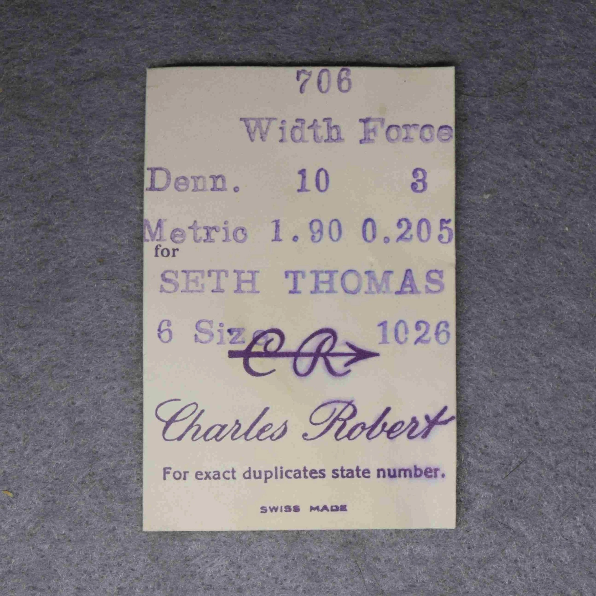 Charles Robert Mainspring Package No. 706 – for Seth Thomas 6-size Factory No. 1026, 1.9 millimeters wide, 0.205 thick, or, 10 wide, 3 thick Dennison gauge.