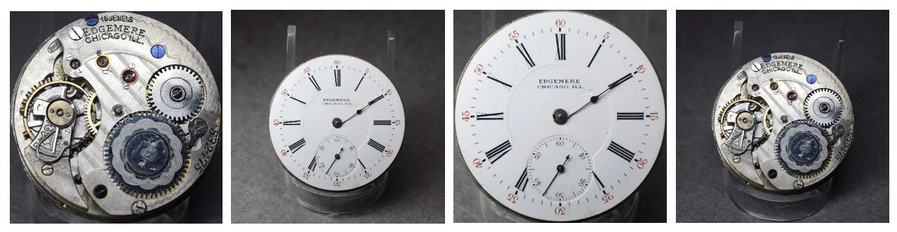 Compilation of top plate of subject movement oriented for ease of reading markings and the movement’s dial.