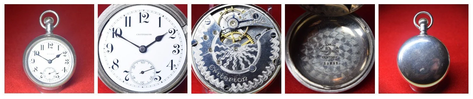 Compilation image showing full frontal view of cased watch, full diameter view of dial with bezel removed, full diameter view of top plate, full diameter view of maker's marks on the inside surface of back cover, and full rear view of cased watch.