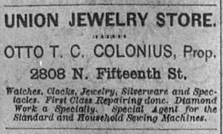 This article appeared in the Abend-Anzeiger on Thursday October 23, 1890, on page 9. The advertisement describes his merchandise as watches, clocks, jewelry, silverware, and spectacles.