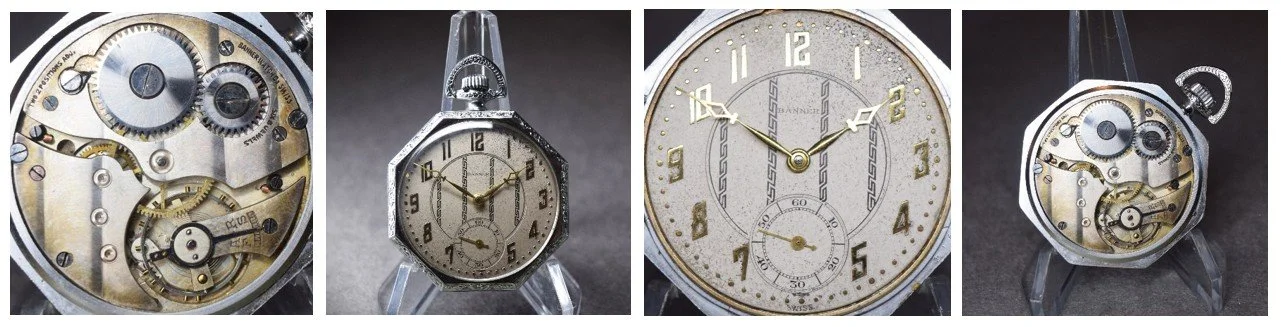 Compilation of top plate of subject movement oriented for ease of reading markings and the movement’s dial.