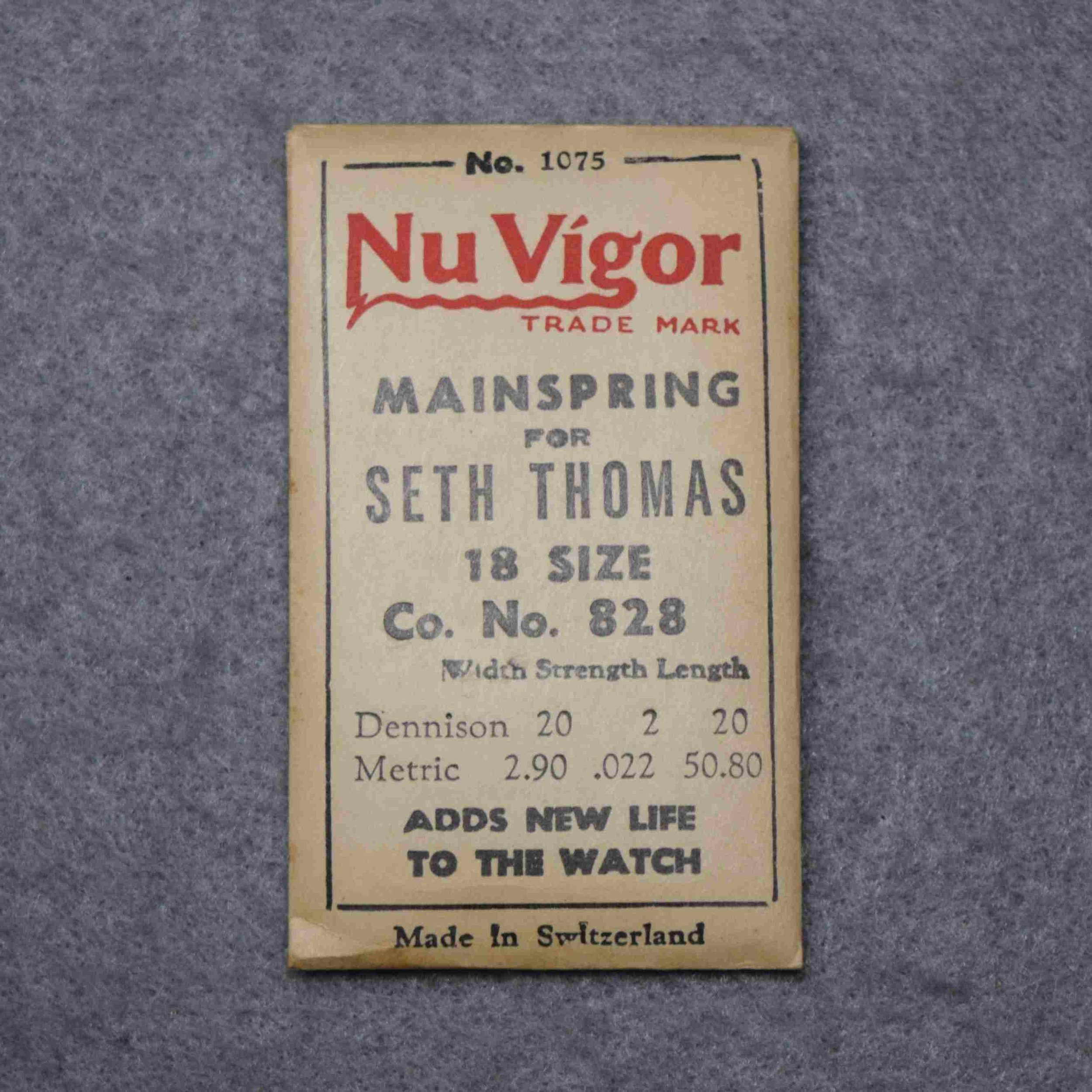 Nu Vigor Mainspring Package No. 1075 – for Seth Thomas 18-size Factory No. 828 – 50.80 centimeters long, 2.90 wide, .22 thick, or, 20 wide, 2 thick, 20 inches long Dennison gauge - Made in Switzerland