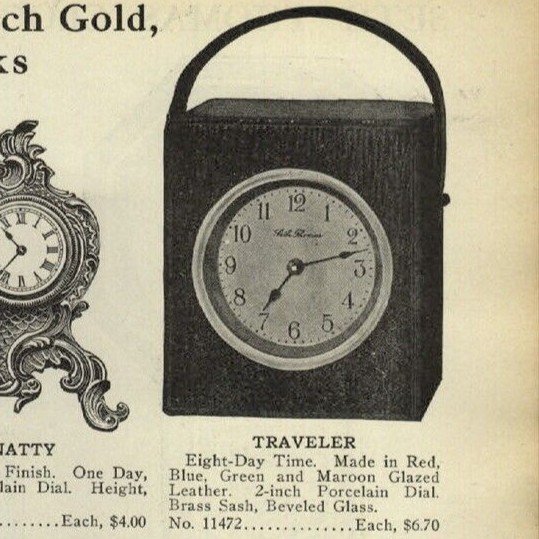 Closeup of section of the advertisement showing the Seth Thomas Traveler associated with travel or transportation applications.