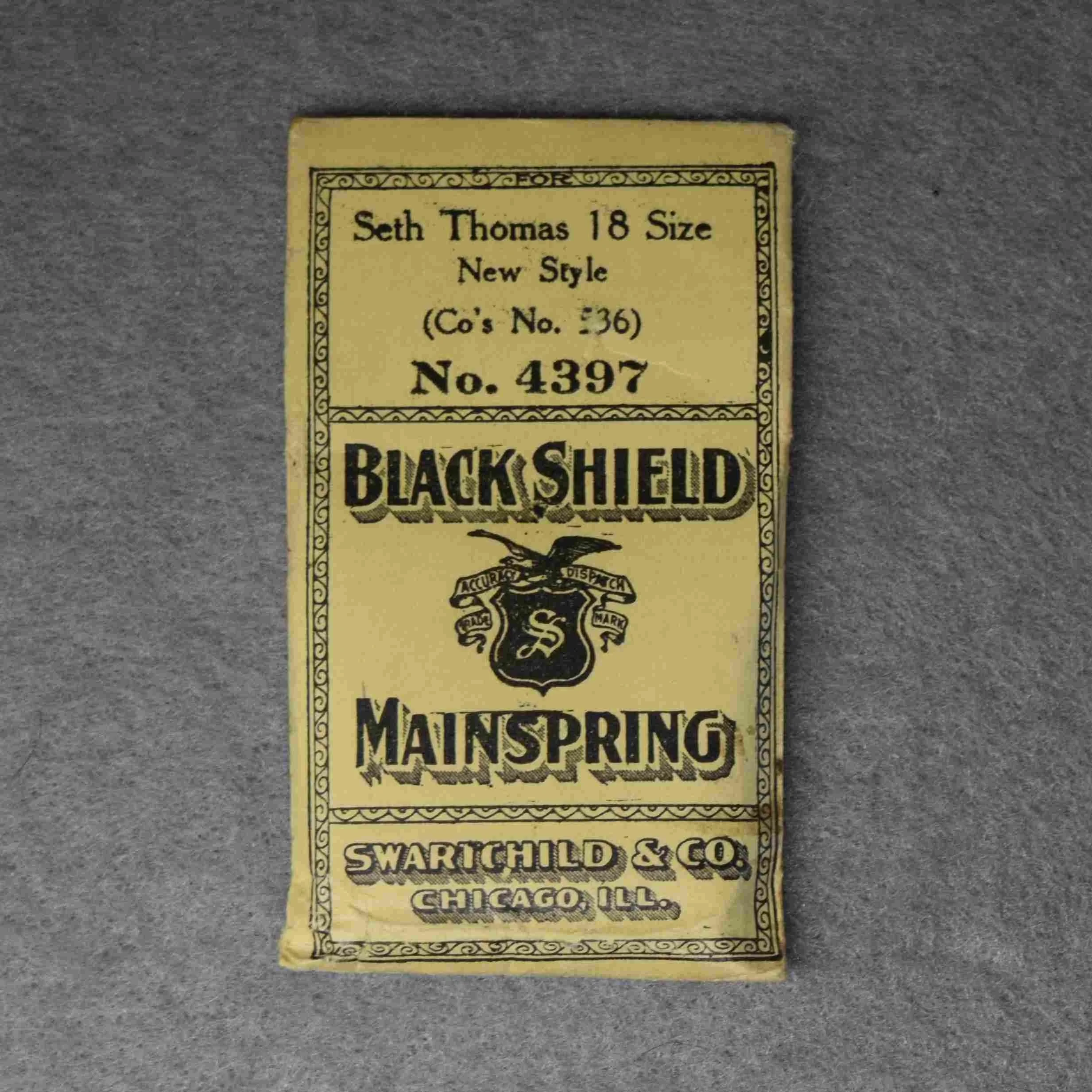 Black Shield Mainspring Package No. 4397 – Seth Thomas 18-size No. 536