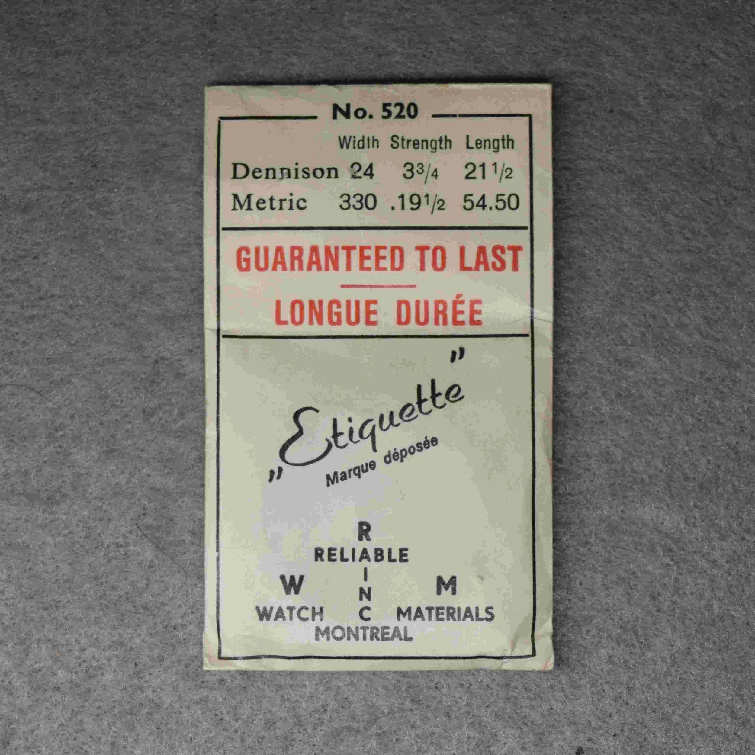 Etiquette Inc. Mainspring Packaging No. 520 – for Seth Thomas 18-size Factory No. 536, 3.30 millimeters wide, 54.40 long, 0.19 thick, or, 24 wide, 4½ thick Dennison gauge, 21½ inches long
