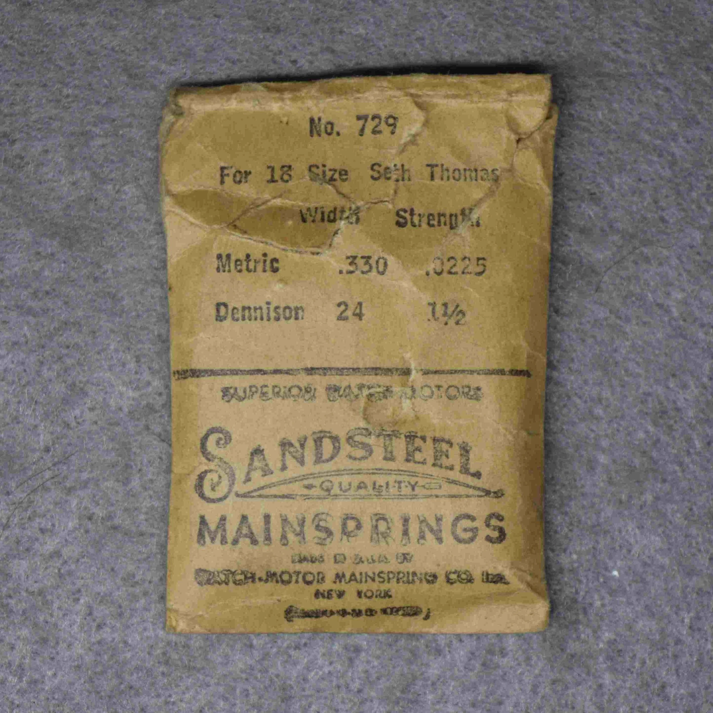 Sandsteel Mainspring Package No. 729 – Seth Thomas 18-size, 3.30 millimeters wide, 0.225 thick, or, 24 wide, 1 1/2 thick Dennison gauge