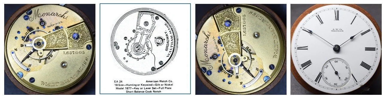 Compilation of top plate of subject movement oriented for ease of reading markings / Ehrhardt American (EA) numbered drawing / top plate oriented for ease of comparison to accompanying EA diagram / the movement’s dial