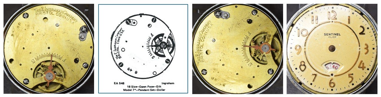 Compilation of top plate of subject movement oriented for ease of reading markings / Ehrhardt American (EA) numbered drawing / top plate oriented for ease of comparison to accompanying EA diagram / the movement’s dial