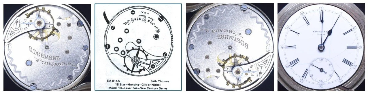 Compilation of: top plate of Edgemere movement oriented for ease of reading markings / Ehrhardt American (EA) numbered drawing 814A / top plate oriented for ease of comparison to accompanying EA diagram / the movement’s dial