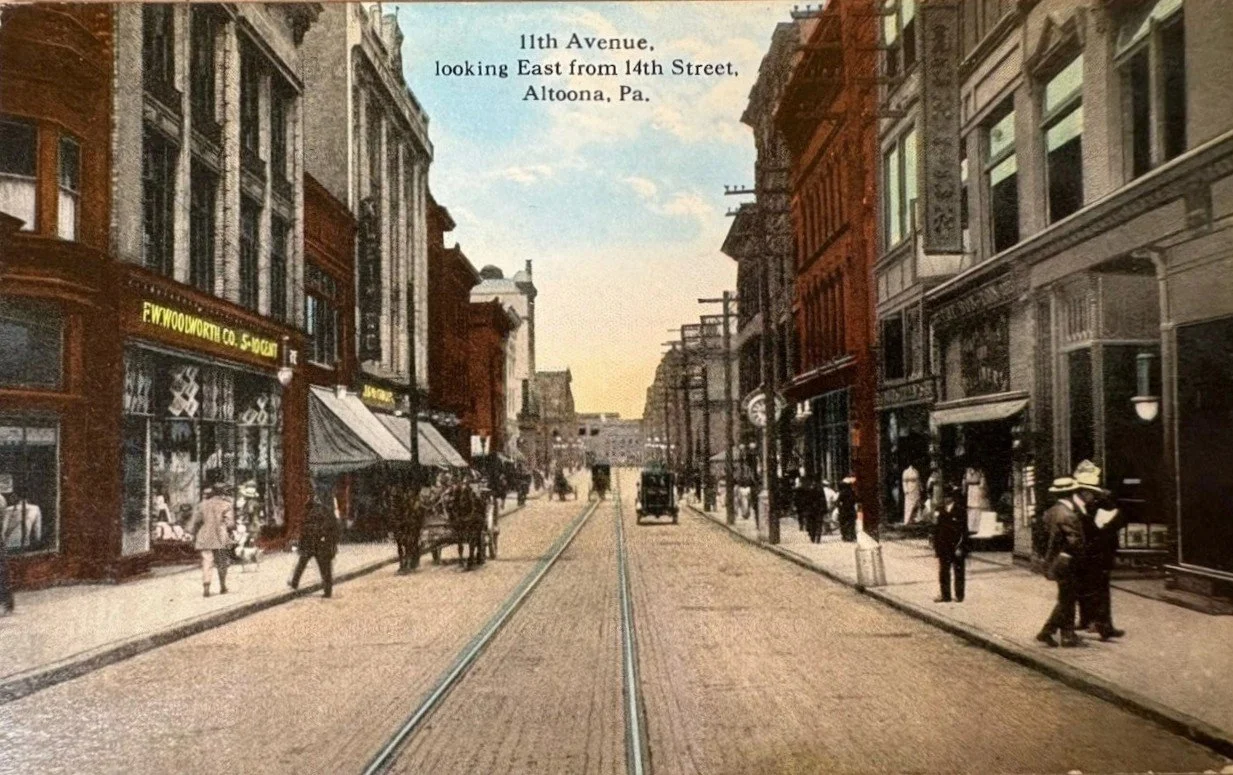 The top postcard photograph shows 11th Avenue looking east from 14th Street in Altoona, Pennsylvania at the turn of the twentieth century.