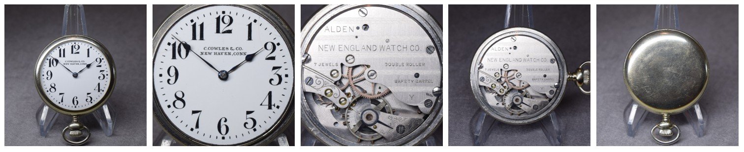 Compilation photo strip showing the cased movement front view, a full diameter view of the dial, a full diameter view of the top plate, a full diameter view of the manufacturer’s signature inside the back cover, the cased movement from the back.