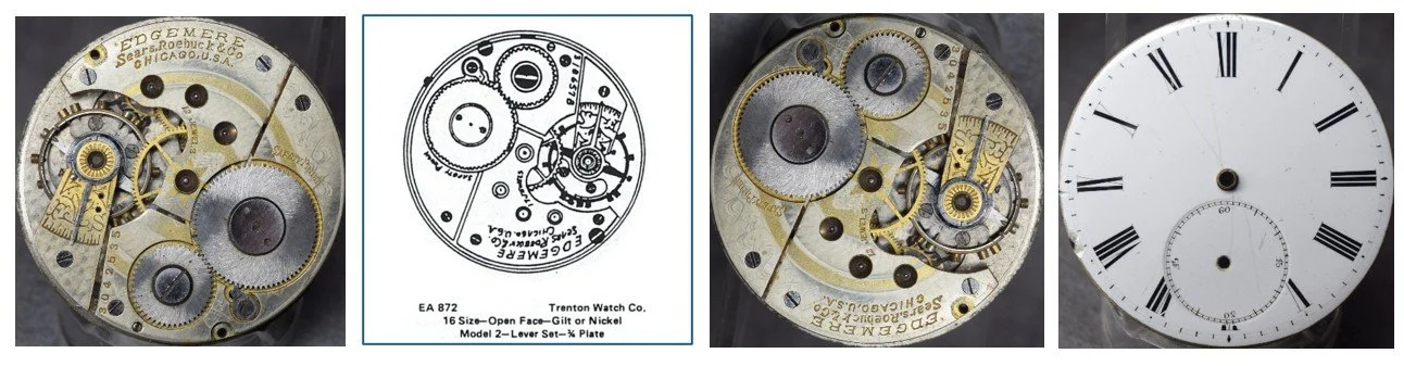 Compilation of top plate of subject movement oriented for ease of reading markings / Ehrhardt American (EA) numbered drawing / top plate oriented for ease of comparison to accompanying EA diagram / the movement’s dial